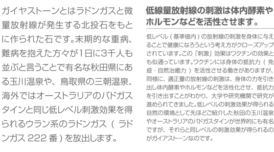 ガイヤストーンとはラドンガスと微量放射線が発生する北投石をもとに作られた石です。末期的な重病、難病を抱えた方々が１日に３千人も並ぶと言うことで有名な秋田県にある玉川温泉や、鳥取県の三朝温泉、海外ではオーストラリアのバドガスタインと同じ低レベル刺激効果を得られるウラン系のラドンガス(ラドンガス222番)を放出します。